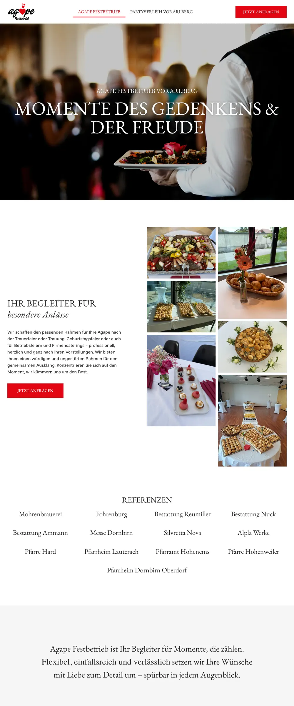 Langer Screenshot der Website von Agape Festbetrieb für Catering und Partyverleih in Vorarlberg
