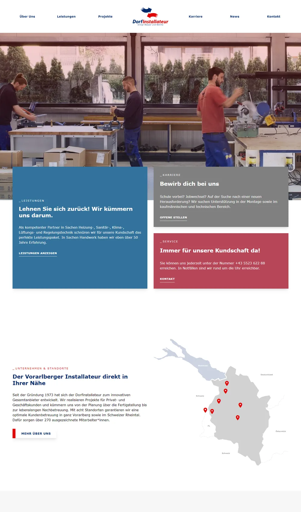 Screenshot der Dorfinstallateur Website mit Leistungsbereichen, Karriere und regionaler Präsenz