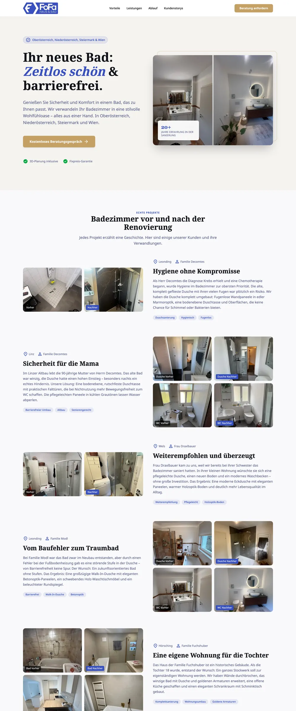 Langer Screenshot der neuen FoFa Haus & Bad Website für barrierefreie Badsanierung