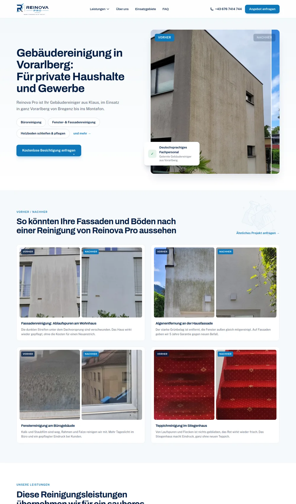 Website-Referenz Reinova Pro, Gebäudereinigung aus Vorarlberg. Webdesign und Homepage mit SEO und GEO von der Agentur LISN.