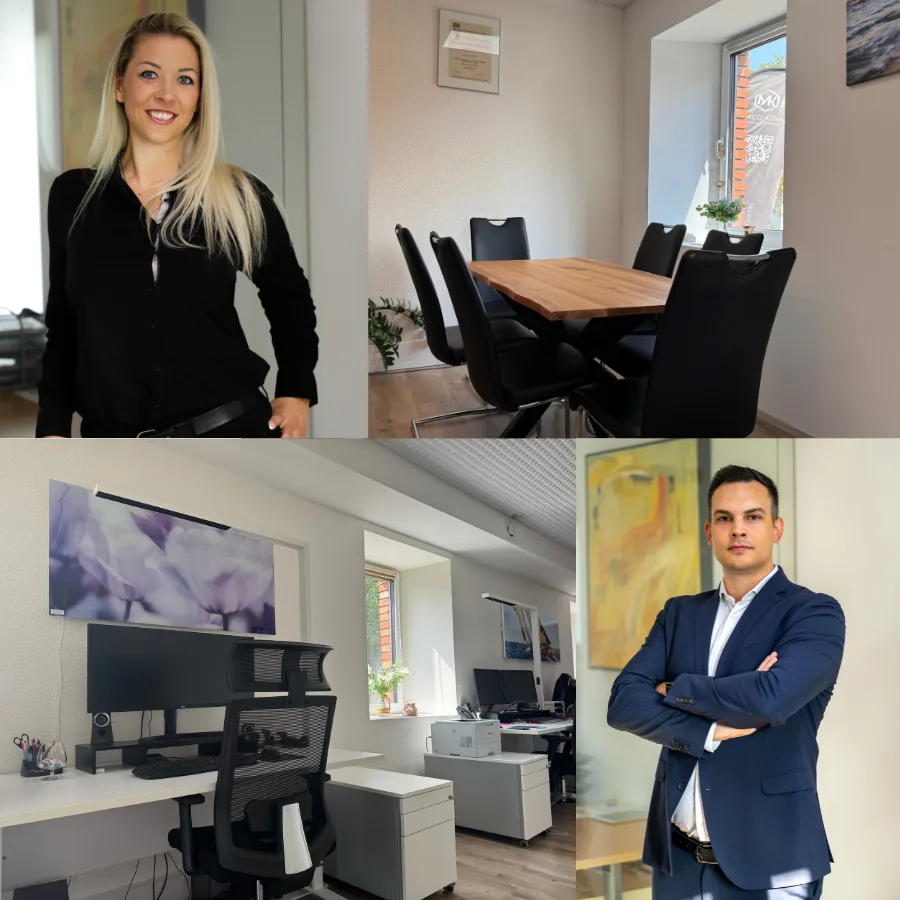 Collage: Nadine und Julien von LISN sowie Meetingraum und Arbeitsplatz im Büro in Lochau.