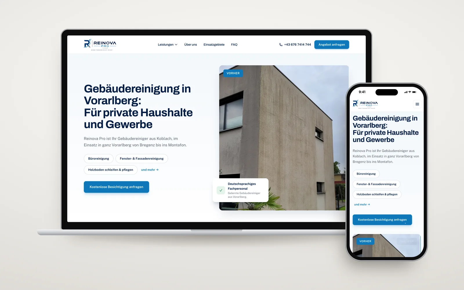 Website von Reinova Pro als Mockup auf Laptop und Smartphone