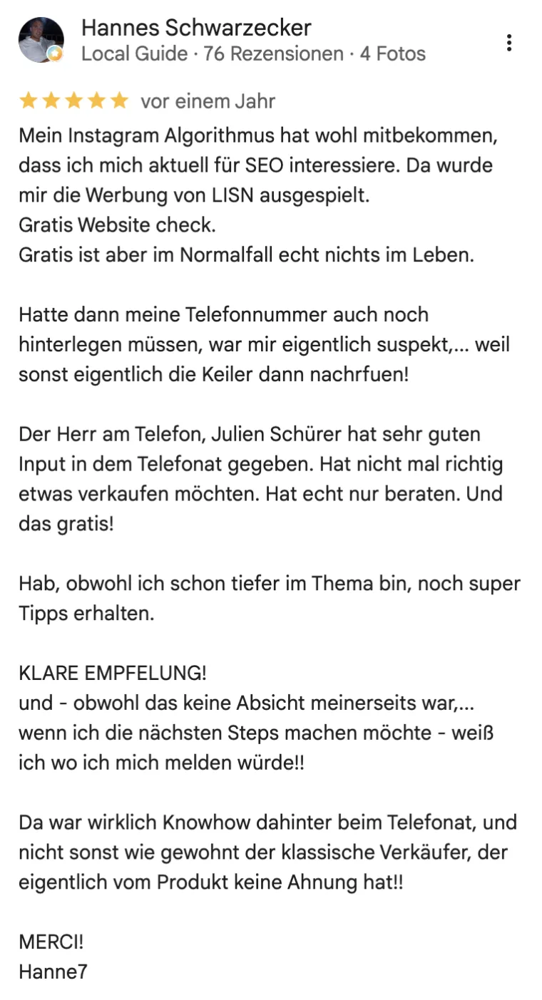 Google-Rezension von Hannes Schwarzecker, 5 Sterne: gratis Website-Check mit echtem Know-how und ehrlicher Beratung statt Verkauf, klare Empfehlung.