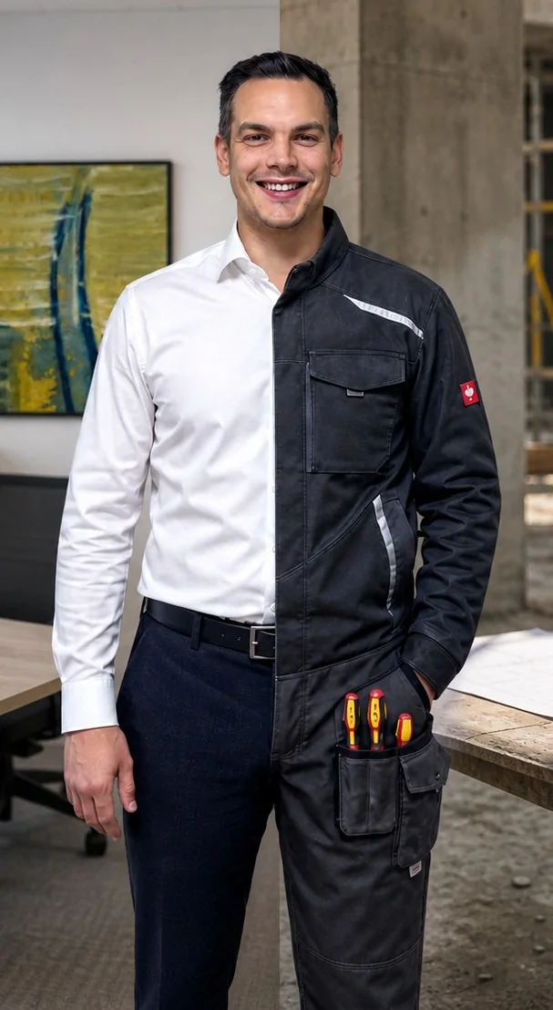 Julien Schürer zwischen Büro und Baustelle als Elektromeister und Marketing-Spezialist.